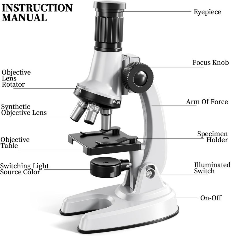 Novaluki 65 Pieces Microscope Kit for Kids Ages 5-7 8-13, 100X-1200X Magnification with 7 Colors of LED Lights and 12 Prepared Slides, Science Experiment STEM Kits for Boys and Girls Age 8-12 Years - Image 5
